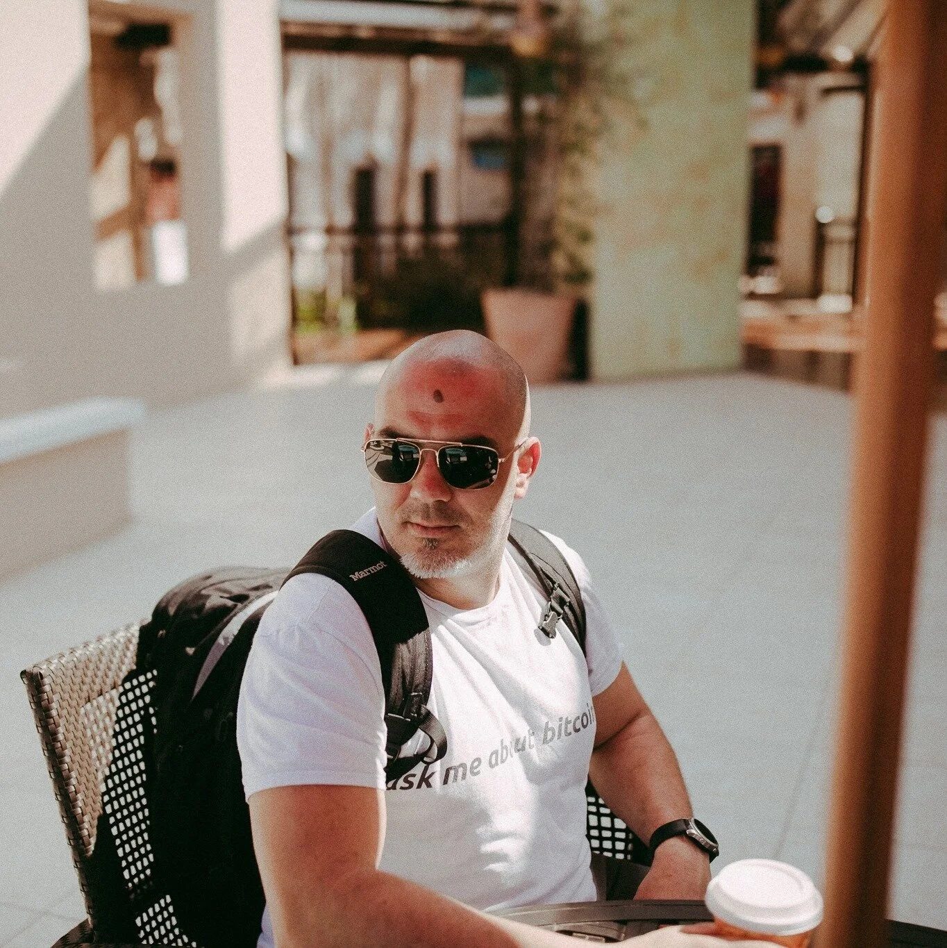 Jon Tetreault in an 'ask me about bitcoin' t-shirt